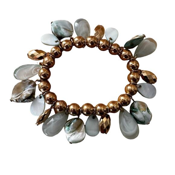 Shell and Sea Glass Gold Bead Stretch Bracelet - Picture 1 of 5